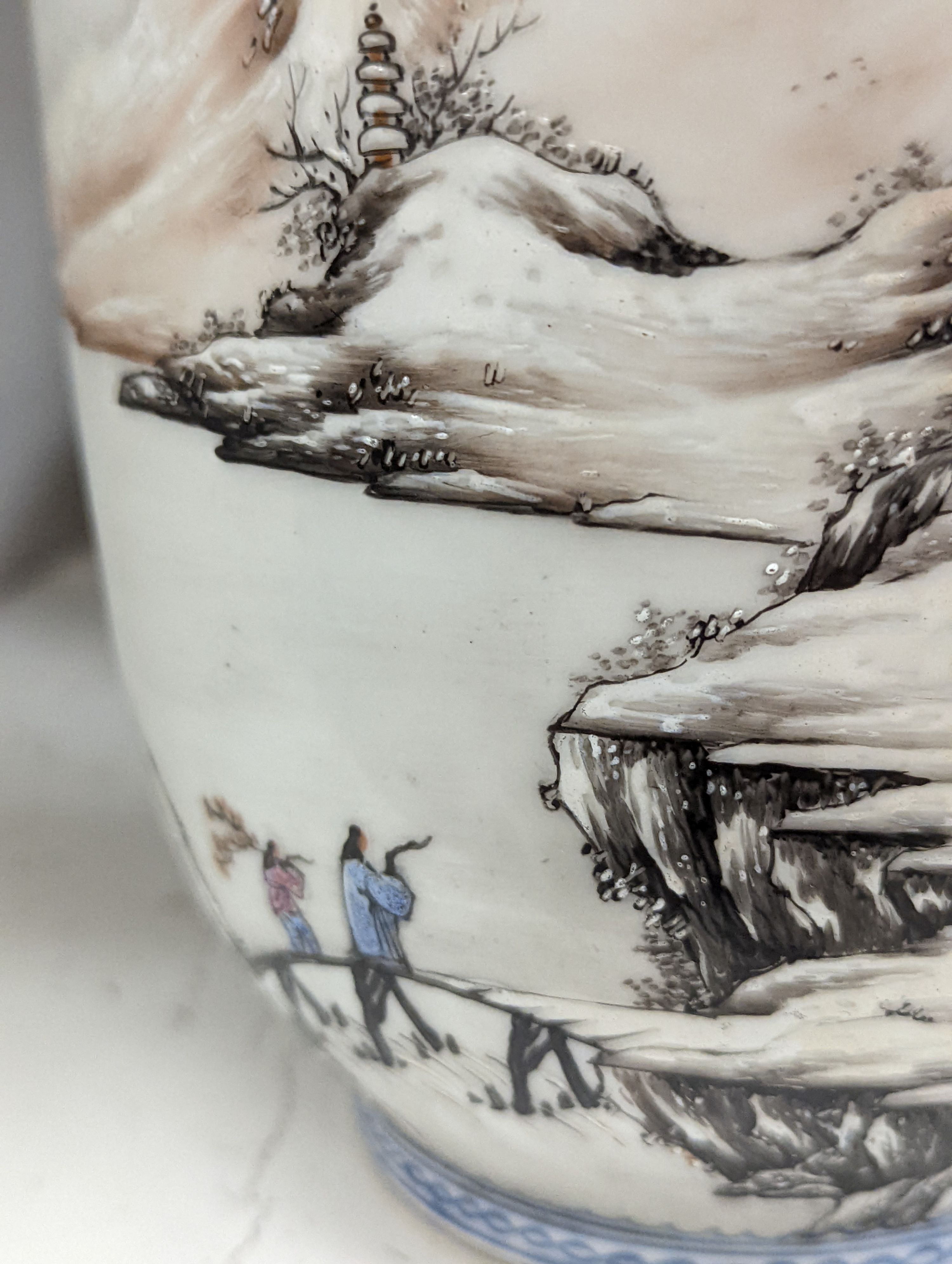 A mid 20th century Chinese enamelled porcelain winter landscape vase - 26cm tall including stand